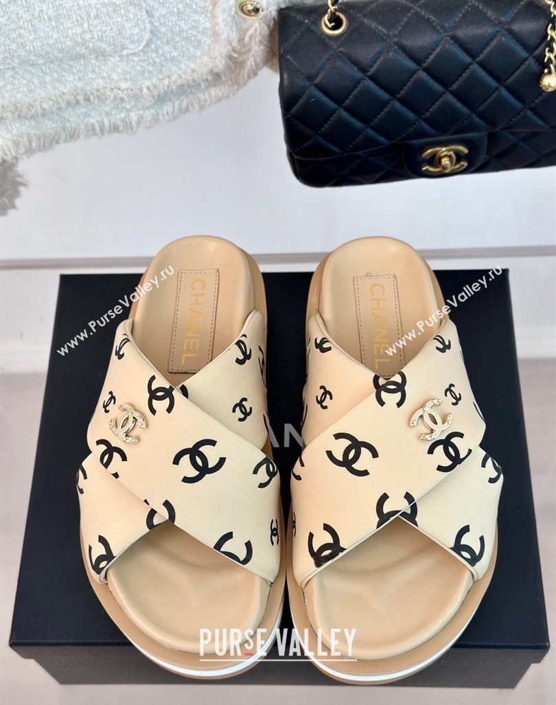 Chanel CC Printed Platform Slide Sandals Beige 2024 0603 (MD-240603024)