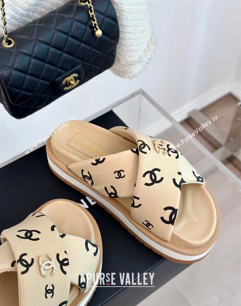 Chanel CC Printed Platform Slide Sandals Beige 2024 0603 (MD-240603024)