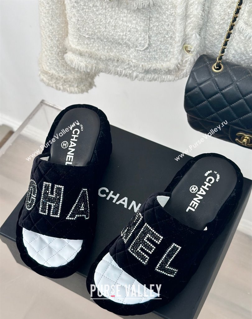 Chanel Quilted Velvet Wedge Slides Sandals Black 2024 0603 (MD-240603076)