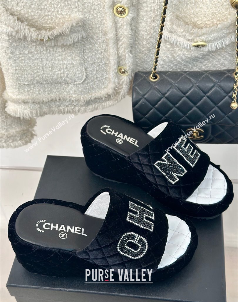 Chanel Quilted Velvet Wedge Slides Sandals Black 2024 0603 (MD-240603076)