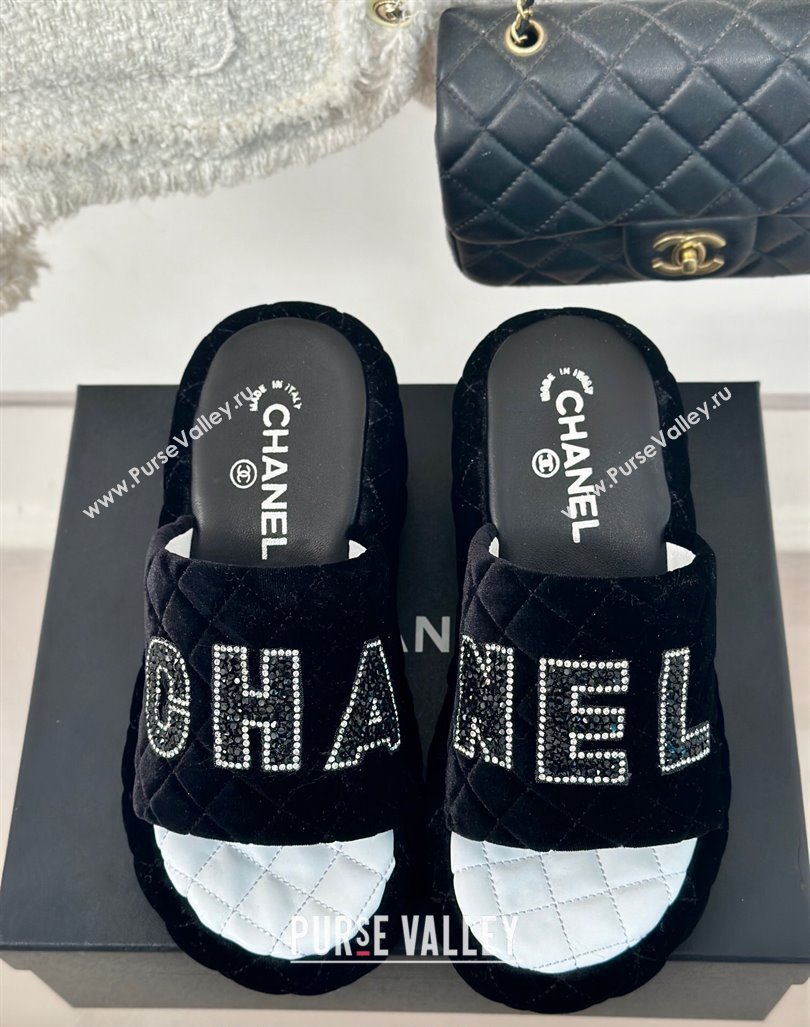 Chanel Quilted Velvet Wedge Slides Sandals Black 2024 0603 (MD-240603076)