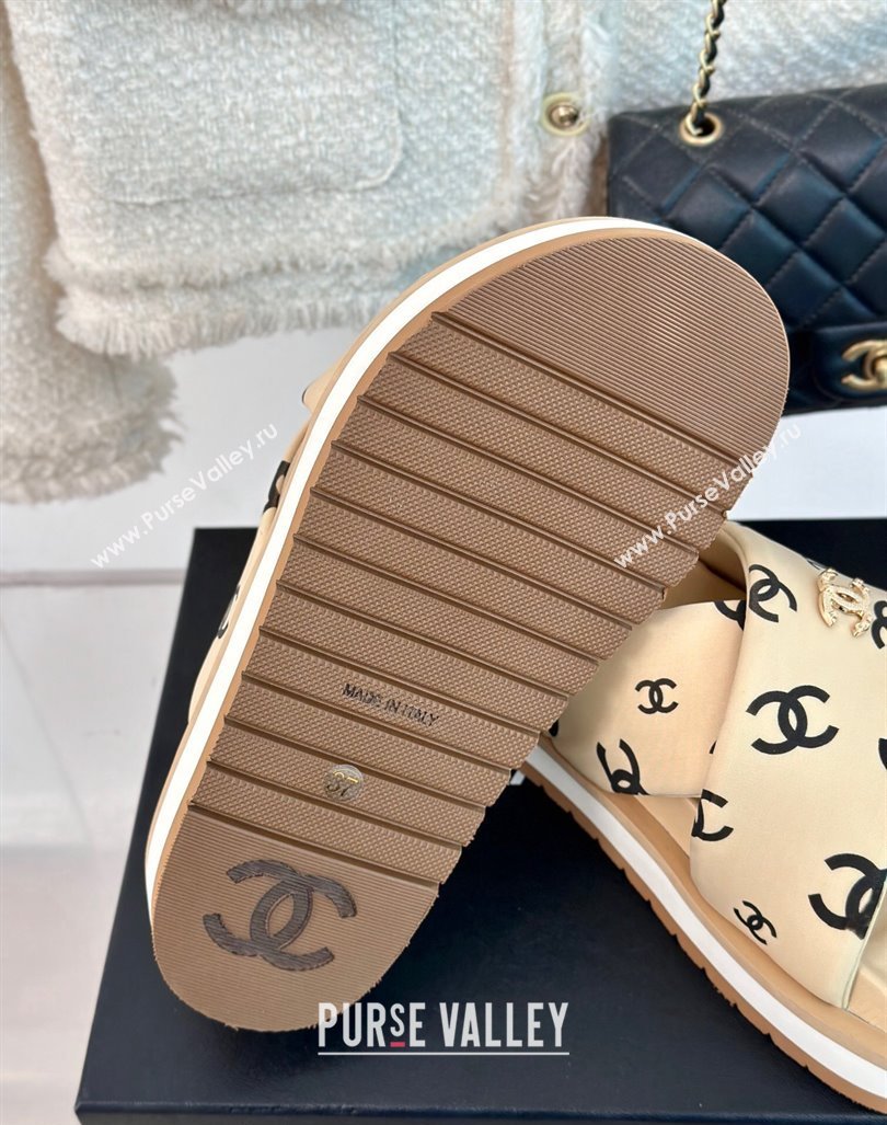 Chanel CC Printed Platform Slide Sandals Beige 2024 0603 (MD-240603024)