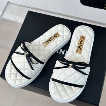 Chanel Quilted Lambskin Flat Slides Sandals with Bow White 2024 0603 (MD-240603079)