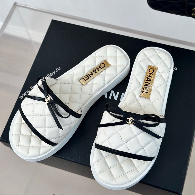 Chanel Quilted Lambskin Flat Slides Sandals with Bow White 2024 0603 (MD-240603079)