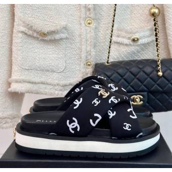 Chanel CC Printed Platform Slide Sandals Black 2024 0603 (MD-240603025)