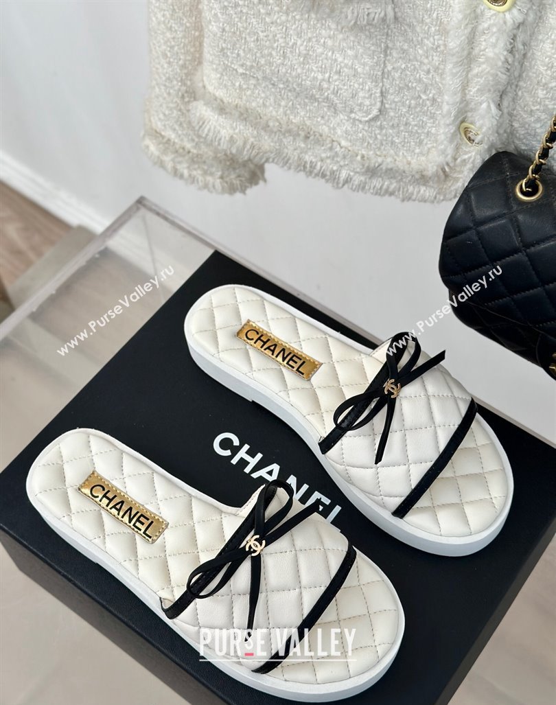 Chanel Quilted Lambskin Flat Slides Sandals with Bow White 2024 0603 (MD-240603079)