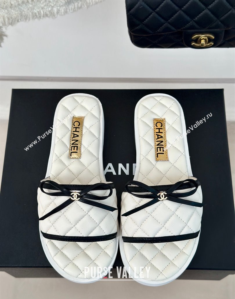 Chanel Quilted Lambskin Flat Slides Sandals with Bow White 2024 0603 (MD-240603079)