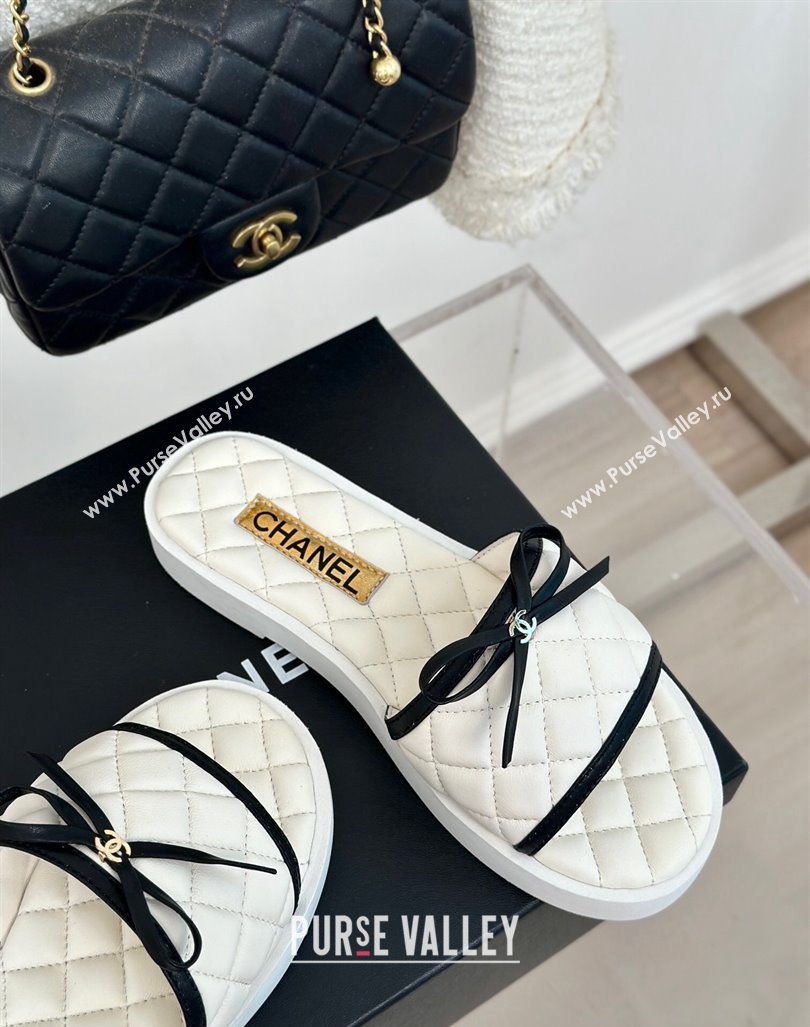 Chanel Quilted Lambskin Flat Slides Sandals with Bow White 2024 0603 (MD-240603079)