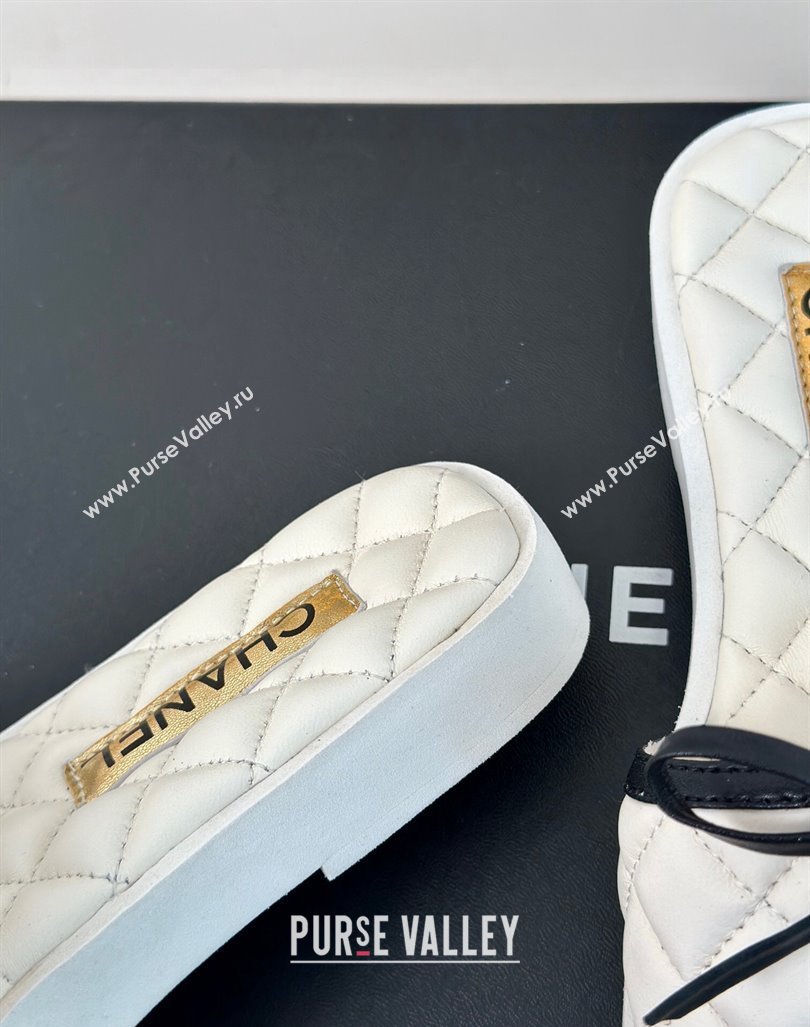 Chanel Quilted Lambskin Flat Slides Sandals with Bow White 2024 0603 (MD-240603079)