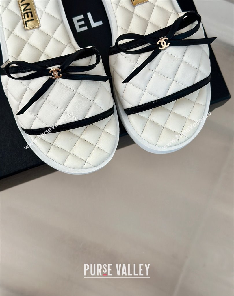 Chanel Quilted Lambskin Flat Slides Sandals with Bow White 2024 0603 (MD-240603079)