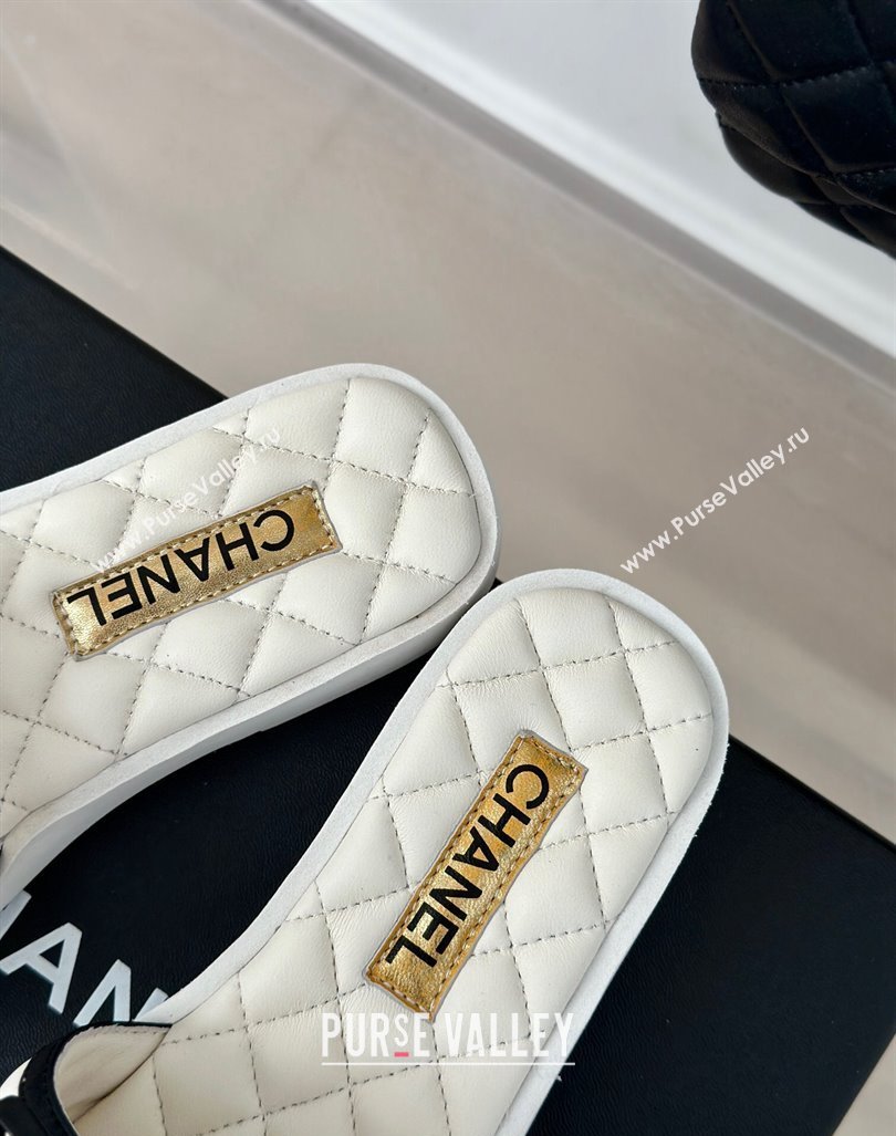 Chanel Quilted Lambskin Flat Slides Sandals with Bow White 2024 0603 (MD-240603079)