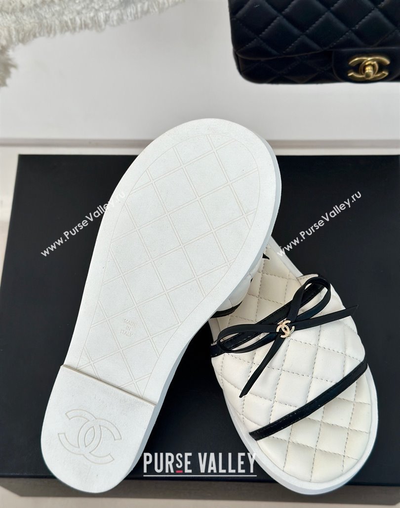 Chanel Quilted Lambskin Flat Slides Sandals with Bow White 2024 0603 (MD-240603079)