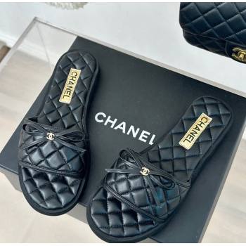 Chanel Quilted Lambskin Flat Slides Sandals with Bow Black 2024 0603 (MD-240603080)