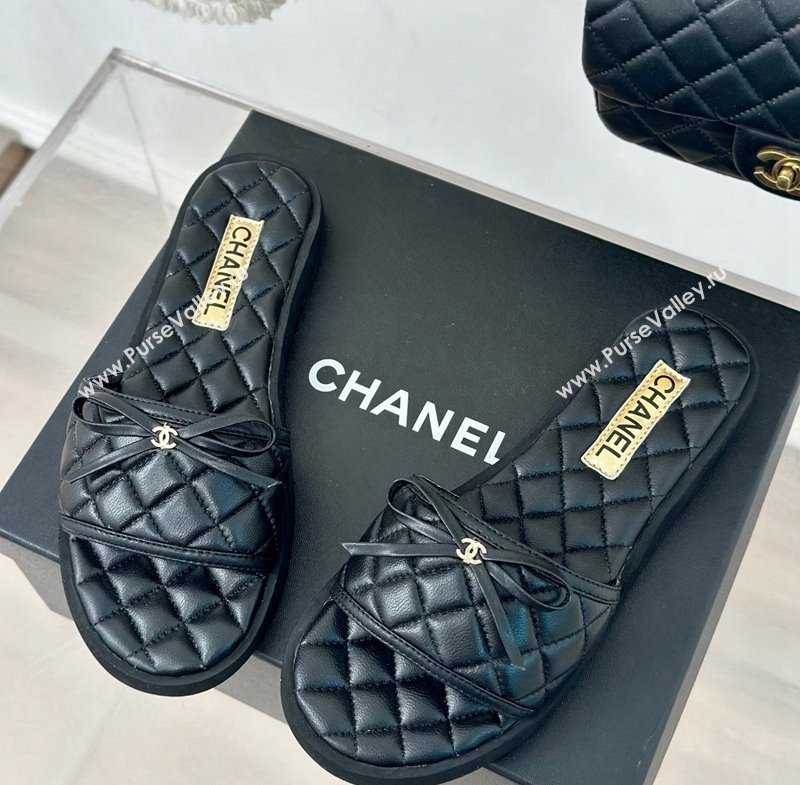 Chanel Quilted Lambskin Flat Slides Sandals with Bow Black 2024 0603 (MD-240603080)