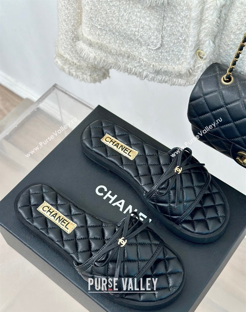 Chanel Quilted Lambskin Flat Slides Sandals with Bow Black 2024 0603 (MD-240603080)