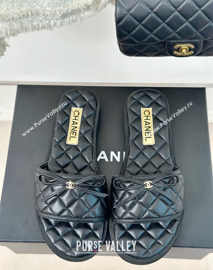 Chanel Quilted Lambskin Flat Slides Sandals with Bow Black 2024 0603 (MD-240603080)