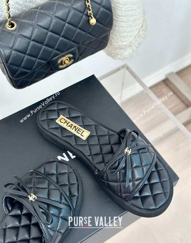 Chanel Quilted Lambskin Flat Slides Sandals with Bow Black 2024 0603 (MD-240603080)