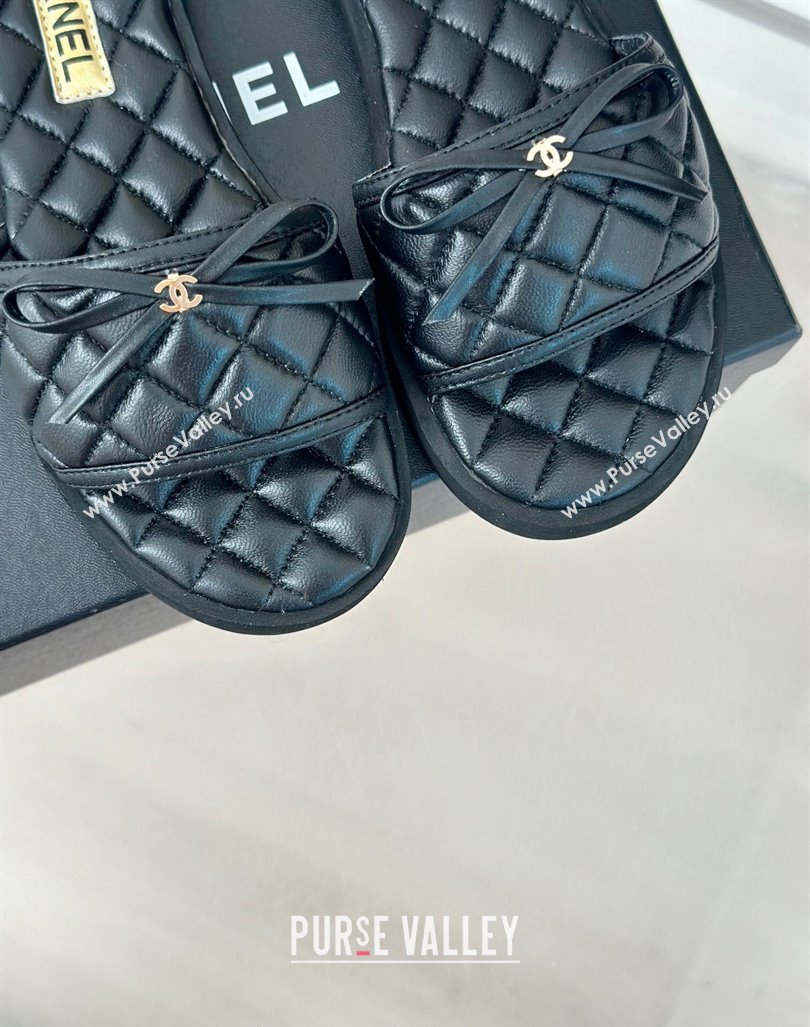 Chanel Quilted Lambskin Flat Slides Sandals with Bow Black 2024 0603 (MD-240603080)