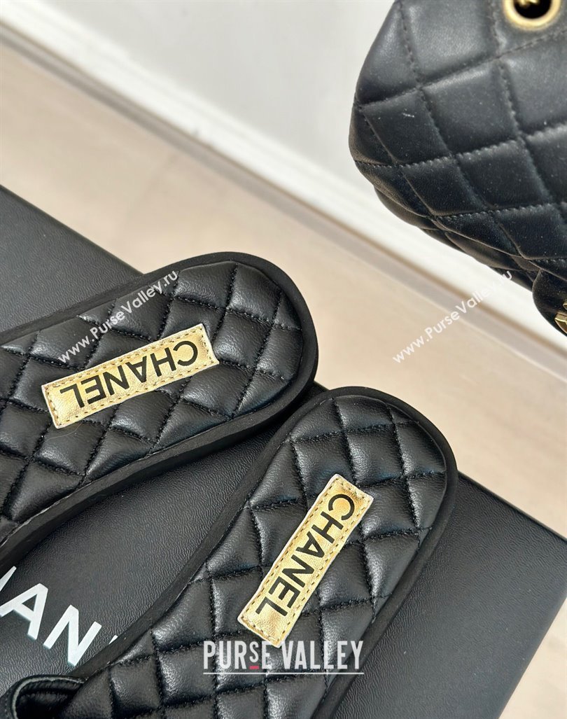 Chanel Quilted Lambskin Flat Slides Sandals with Bow Black 2024 0603 (MD-240603080)