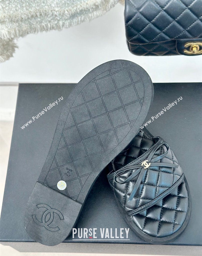 Chanel Quilted Lambskin Flat Slides Sandals with Bow Black 2024 0603 (MD-240603080)