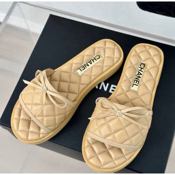 Chanel Quilted Lambskin Flat Slides Sandals with Bow Beige 2024 0603 (MD-240603081)