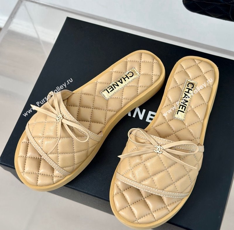 Chanel Quilted Lambskin Flat Slides Sandals with Bow Beige 2024 0603 (MD-240603081)