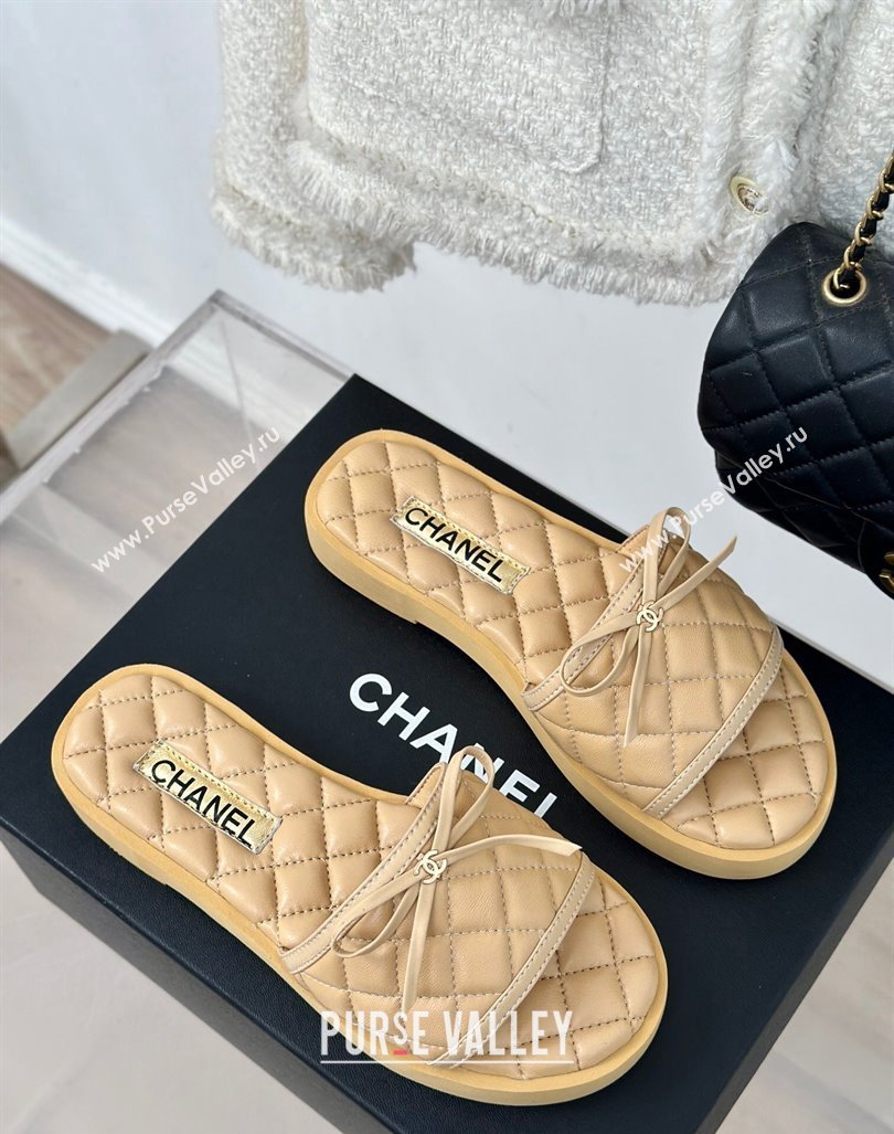 Chanel Quilted Lambskin Flat Slides Sandals with Bow Beige 2024 0603 (MD-240603081)