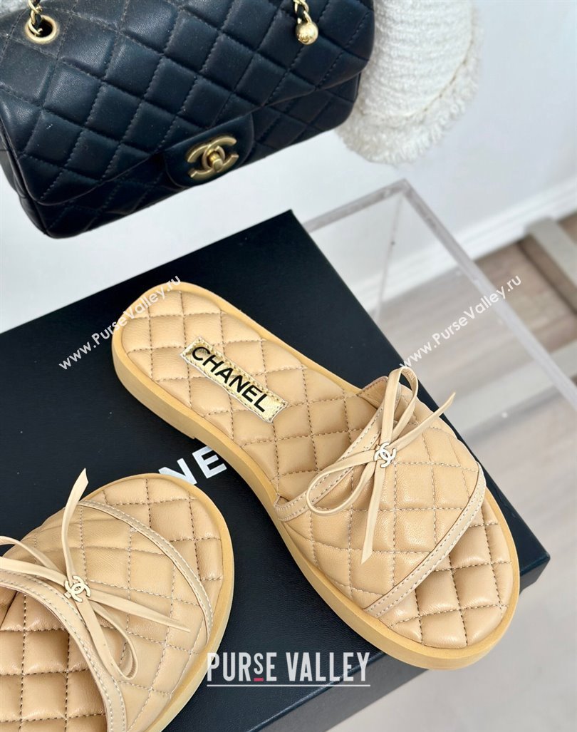 Chanel Quilted Lambskin Flat Slides Sandals with Bow Beige 2024 0603 (MD-240603081)