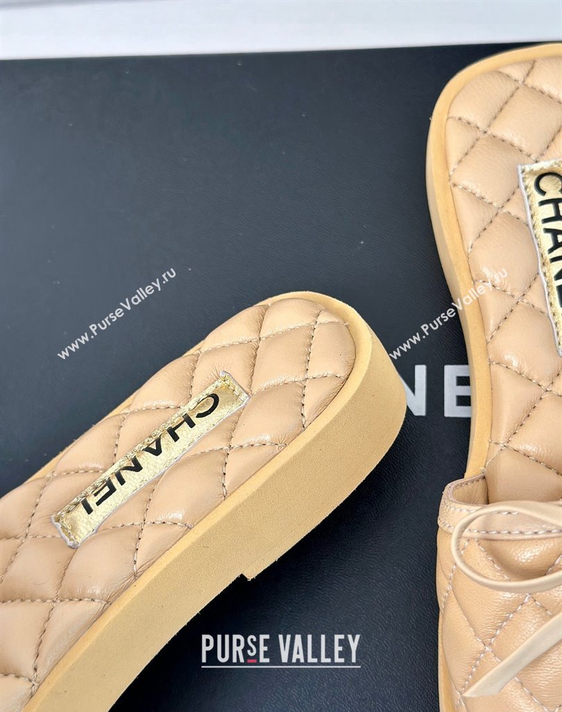 Chanel Quilted Lambskin Flat Slides Sandals with Bow Beige 2024 0603 (MD-240603081)