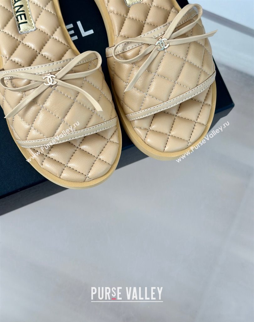 Chanel Quilted Lambskin Flat Slides Sandals with Bow Beige 2024 0603 (MD-240603081)