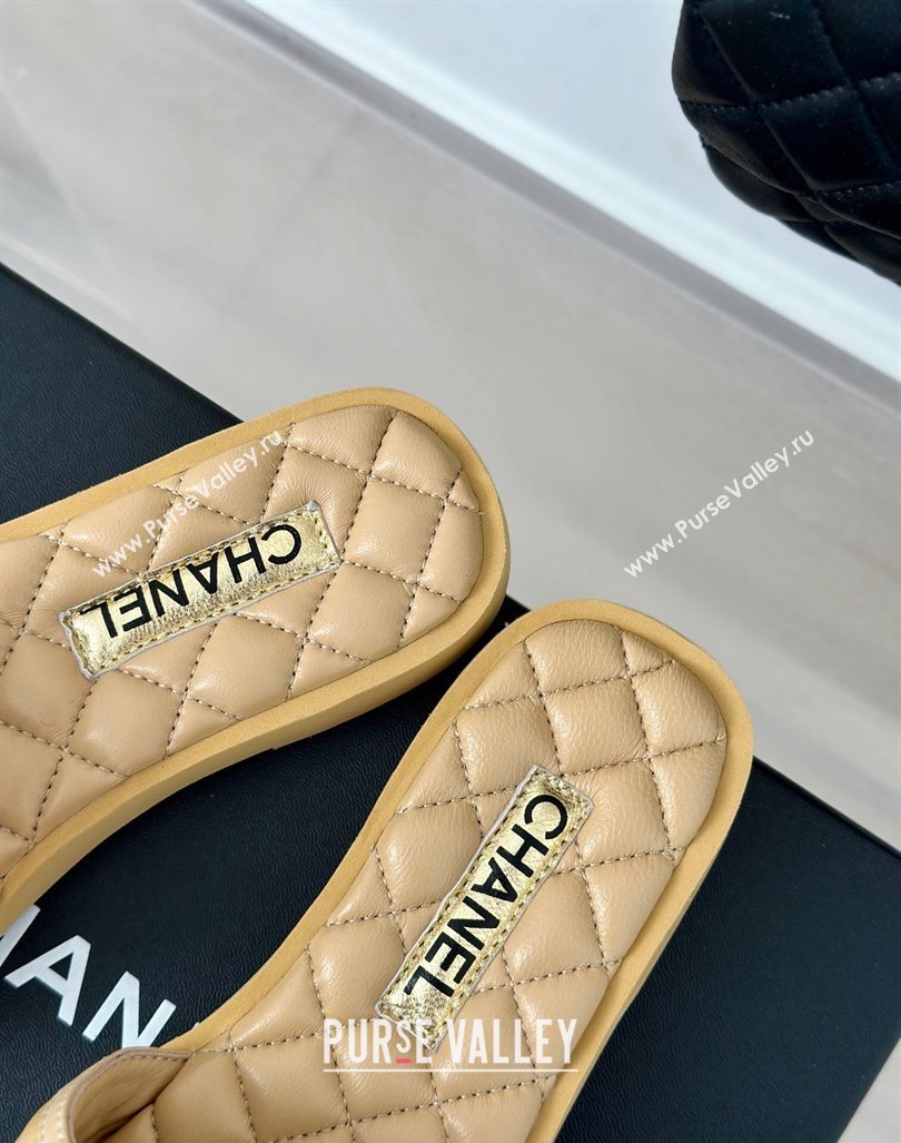 Chanel Quilted Lambskin Flat Slides Sandals with Bow Beige 2024 0603 (MD-240603081)