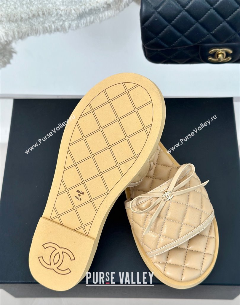 Chanel Quilted Lambskin Flat Slides Sandals with Bow Beige 2024 0603 (MD-240603081)