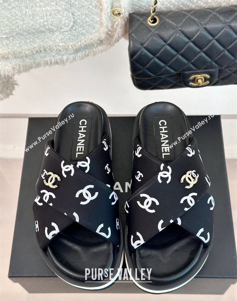 Chanel CC Printed Platform Slide Sandals Black 2024 0603 (MD-240603025)