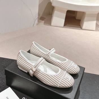 Chanel Stripes Embroidered Fabric Mary Janes Flat Ballet G45503 Beige 2024 (MD-240603083)