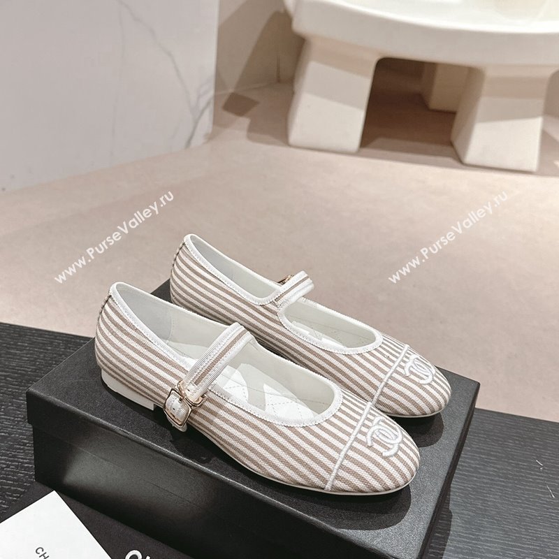 Chanel Stripes Embroidered Fabric Mary Janes Flat Ballet G45503 Beige 2024 (MD-240603083)