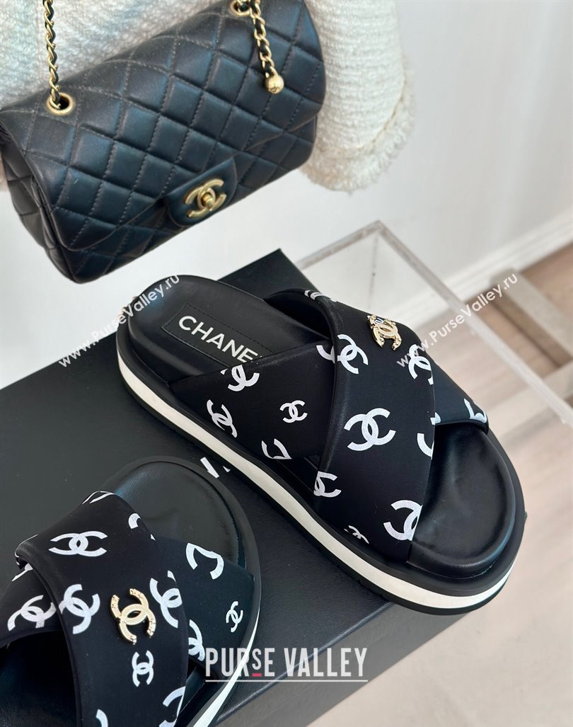 Chanel CC Printed Platform Slide Sandals Black 2024 0603 (MD-240603025)