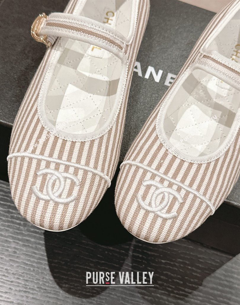 Chanel Stripes Embroidered Fabric Mary Janes Flat Ballet G45503 Beige 2024 (MD-240603083)