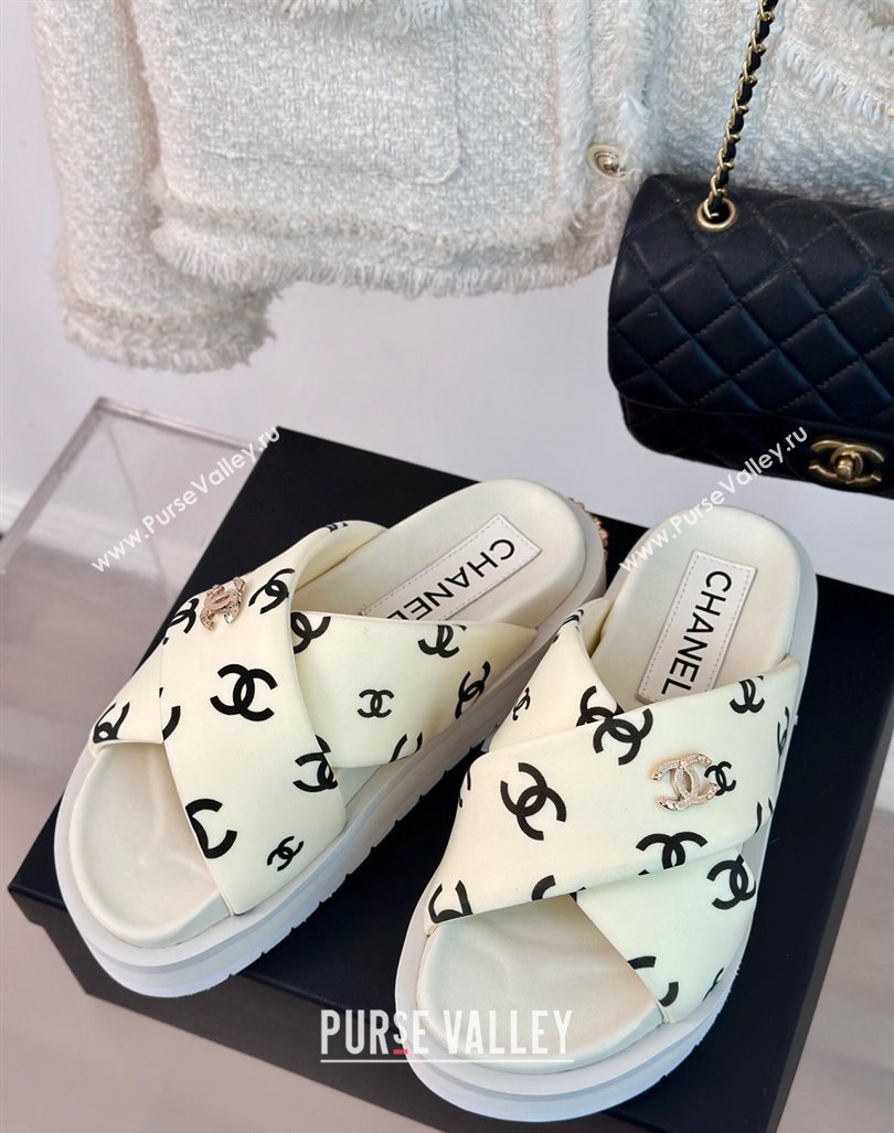 Chanel CC Printed Platform Slide Sandals White 2024 0603 (MD-240603026)