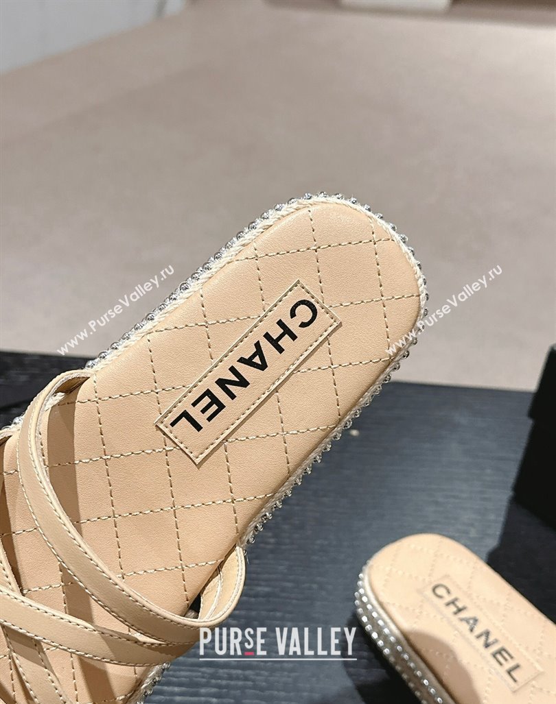 Chanel Calfskin Espadrille Flat Slide Sandals with Studs Chain Beige 2024 (MD-240603020)