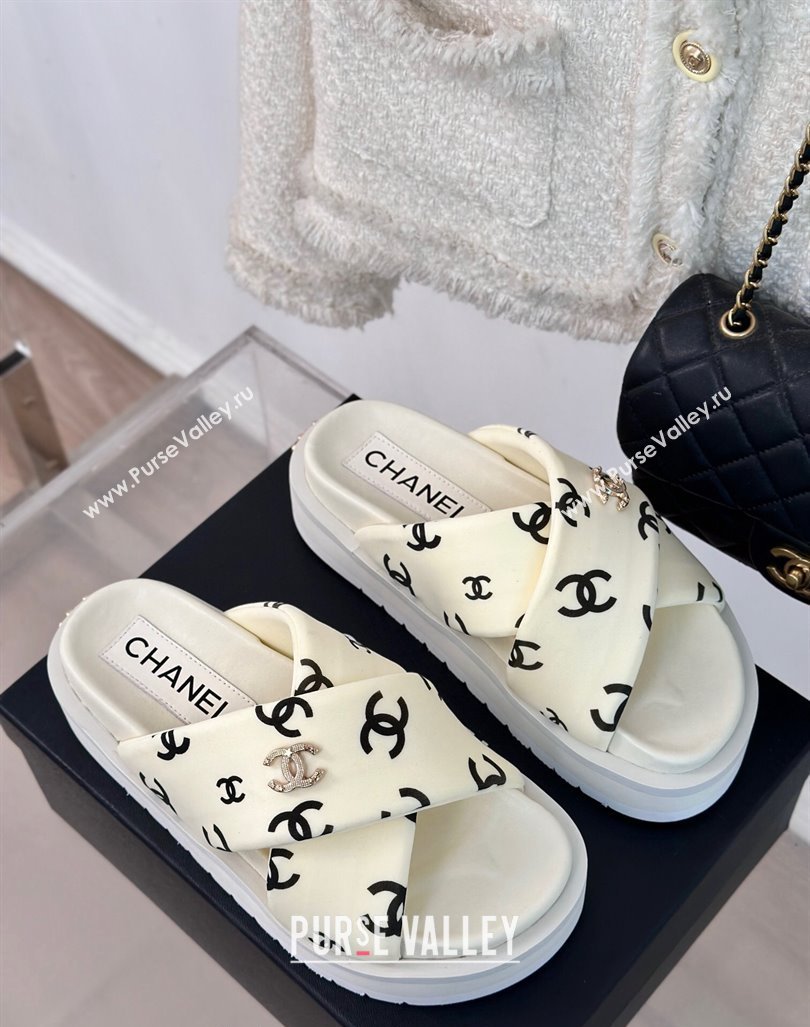 Chanel CC Printed Platform Slide Sandals White 2024 0603 (MD-240603026)