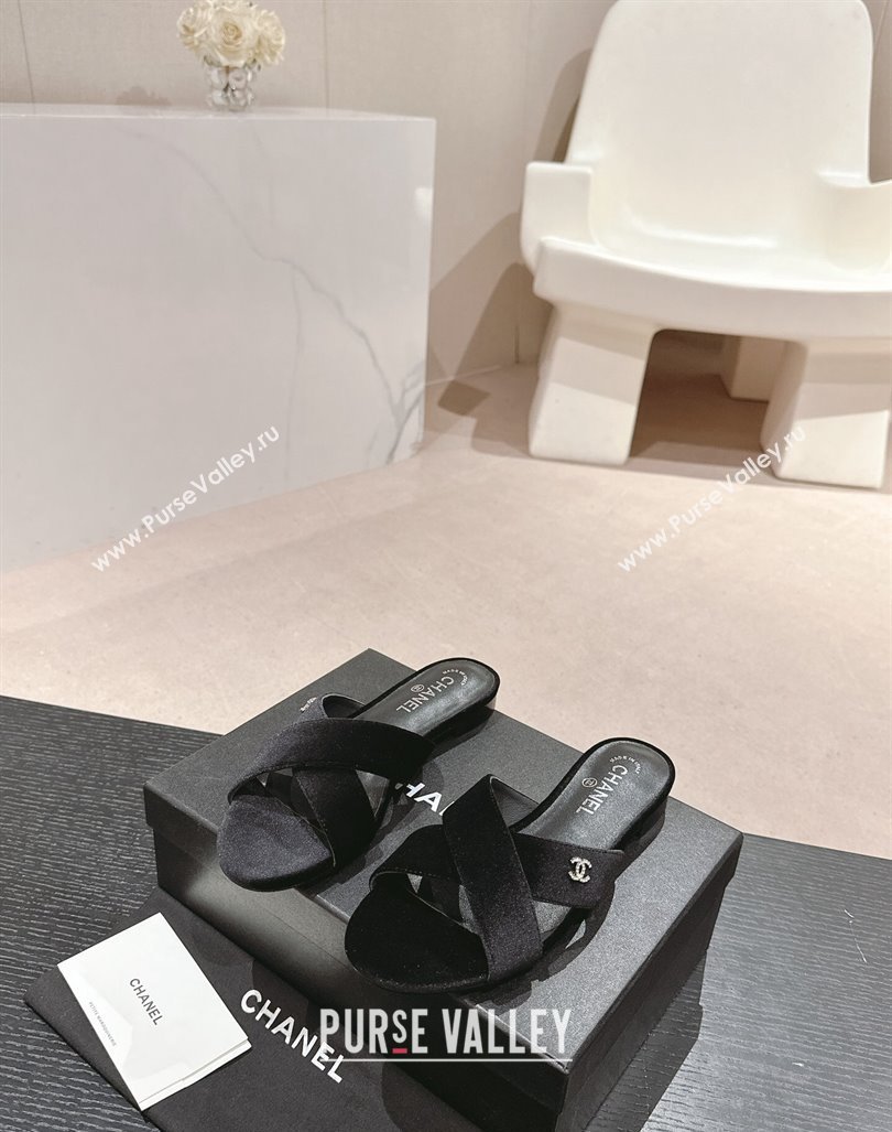 Chanel Velvet Flat Slides Sandals with Cross Strap Black 2024 0603 (MD-240603095)