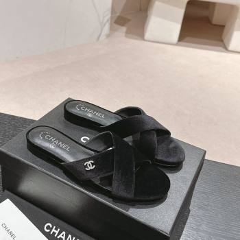 Chanel Velvet Flat Slides Sandals with Cross Strap Black 2024 0603 (MD-240603095)