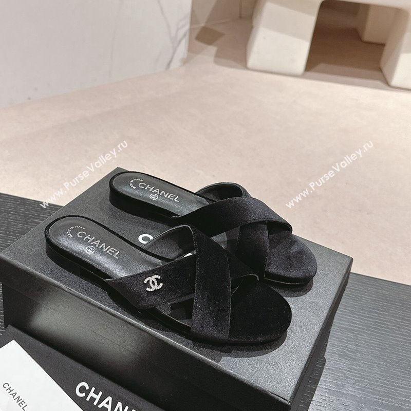 Chanel Velvet Flat Slides Sandals with Cross Strap Black 2024 0603 (MD-240603095)