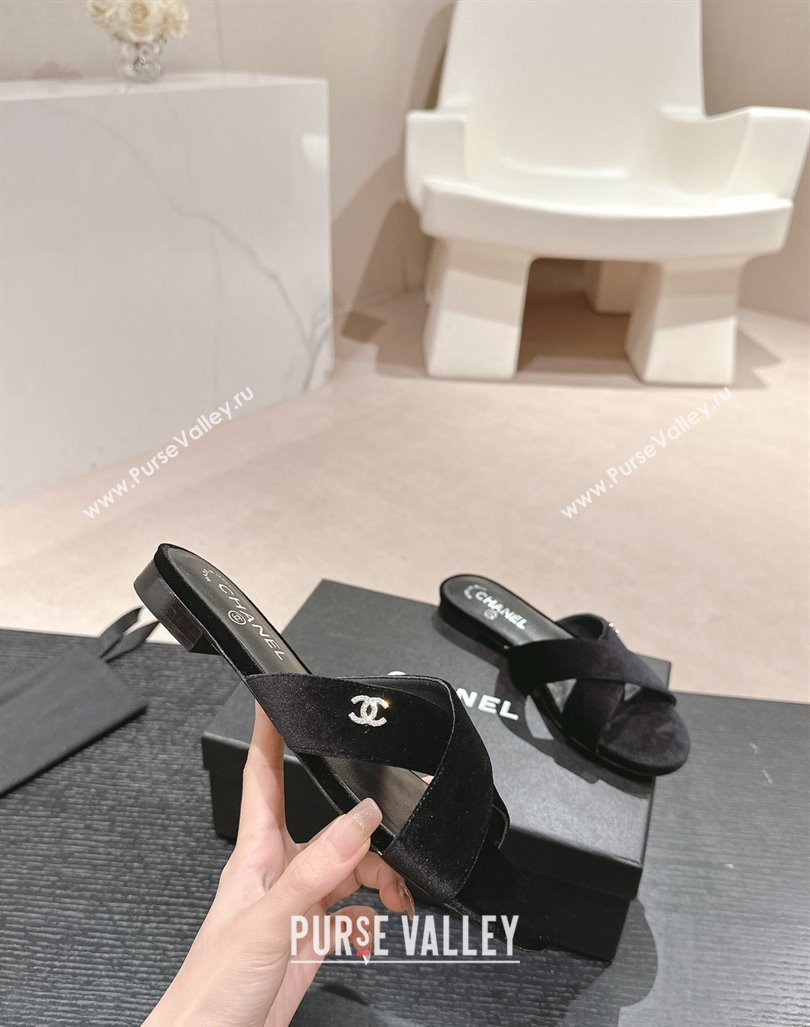 Chanel Velvet Flat Slides Sandals with Cross Strap Black 2024 0603 (MD-240603095)