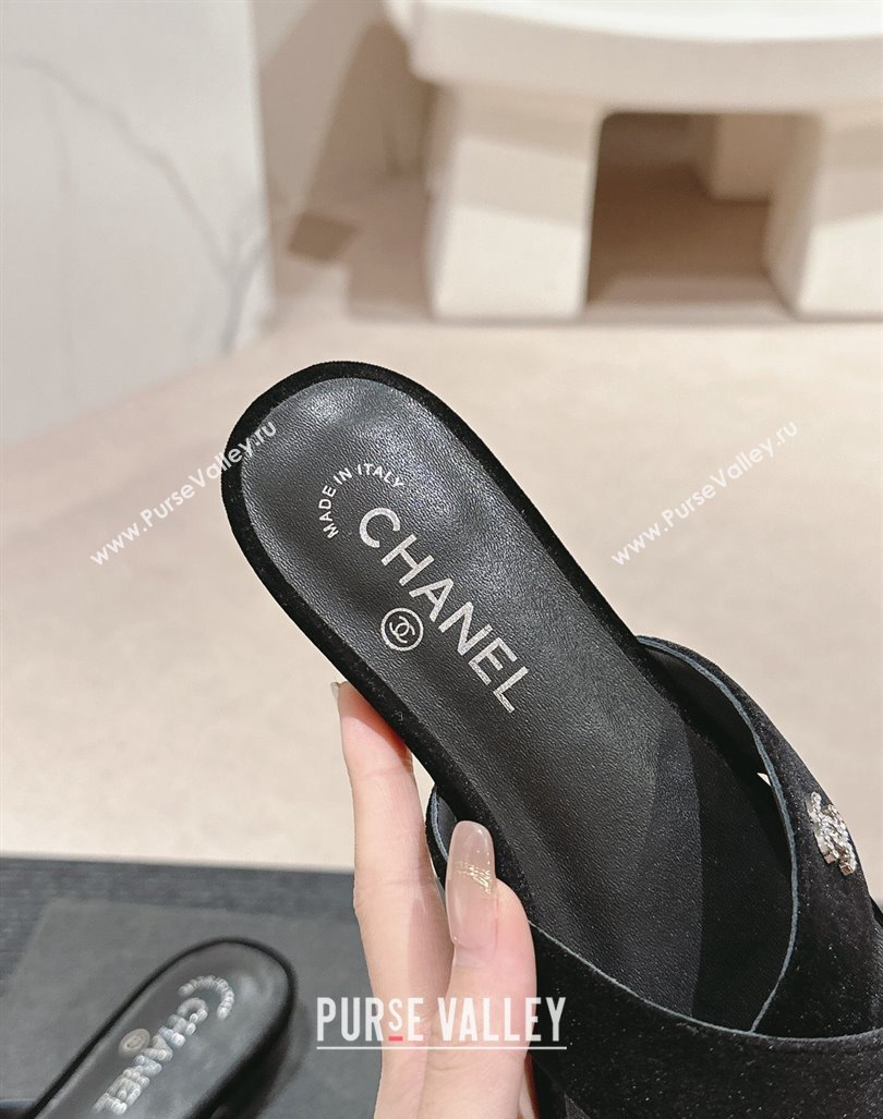 Chanel Velvet Flat Slides Sandals with Cross Strap Black 2024 0603 (MD-240603095)