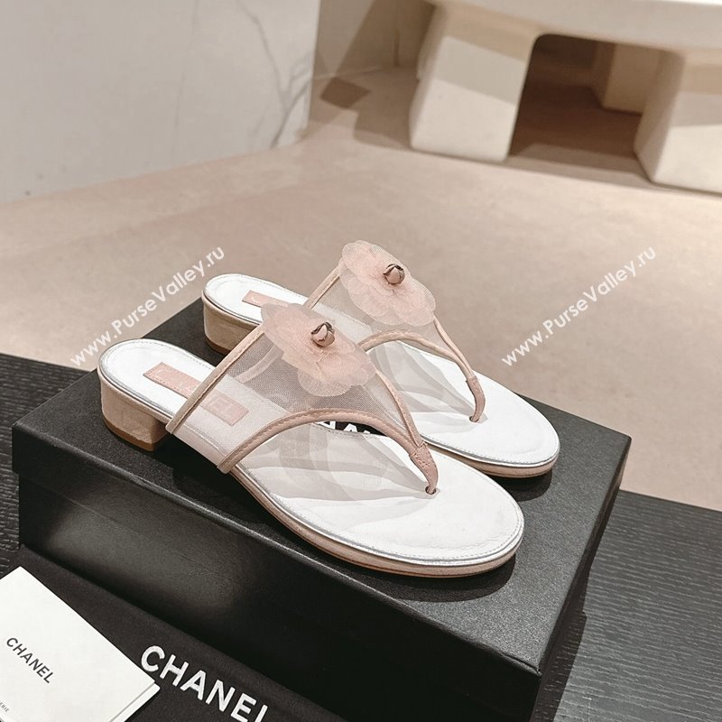 Chanel Mesh Flat Slides Sandals with Flower Light Pink 2024 0603 (MD-240603096)