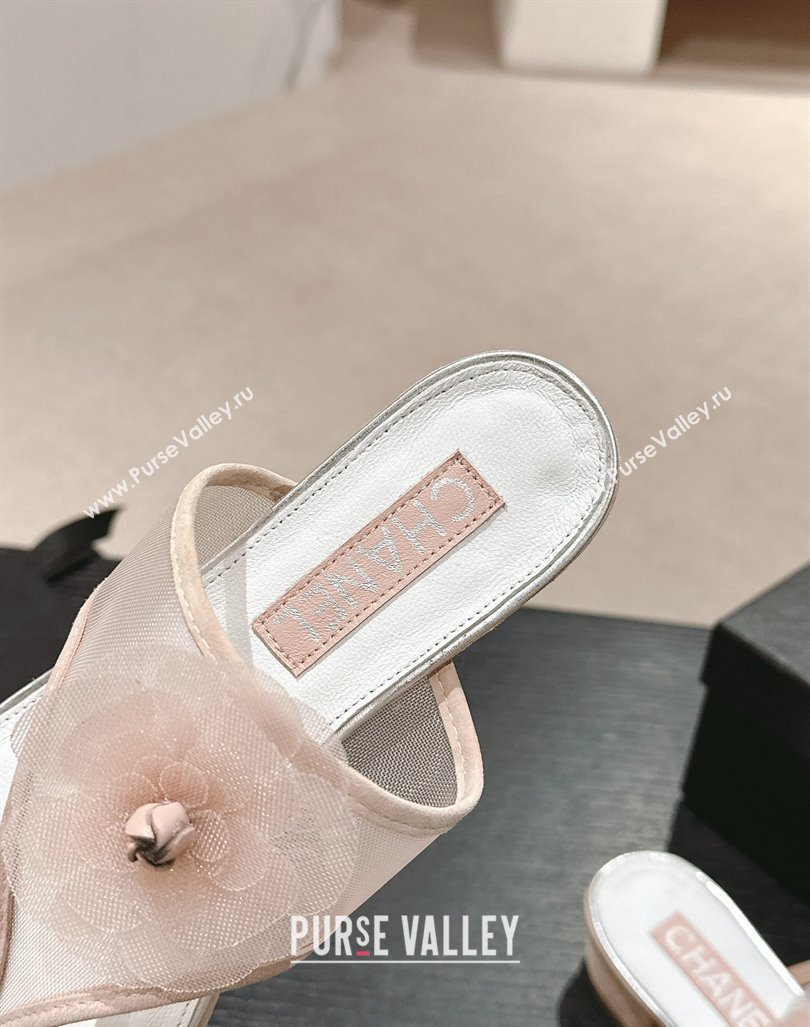 Chanel Mesh Flat Slides Sandals with Flower Light Pink 2024 0603 (MD-240603096)