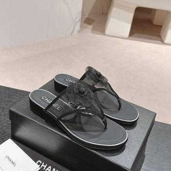Chanel Mesh Flat Slides Sandals with Flower Black 2024 0603 (MD-240603097)
