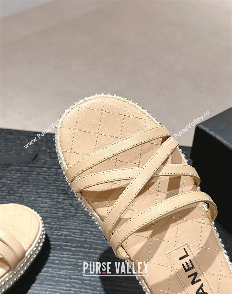 Chanel Calfskin Espadrille Flat Slide Sandals with Studs Chain Beige 2024 (MD-240603020)