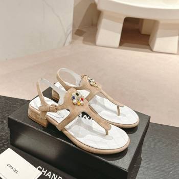 Chanel Suede Flat Thong Sandals with Pearls Flower Beige 2024 0603 (MD-240603098)